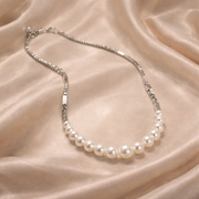 Silver Crystal Stone Necklace with Pearl Curve Pendent