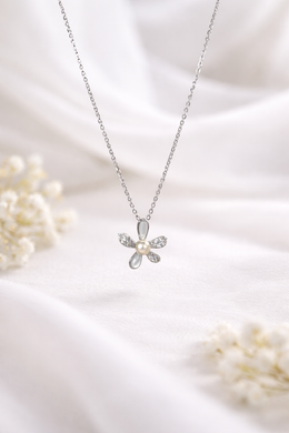 Silver Flower Pendant With Link Chain