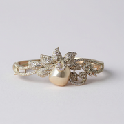 Rhodium-Plated Silver Toned Teardrop & Leaf Shaped white stone pearl American Diamond Bracelet
