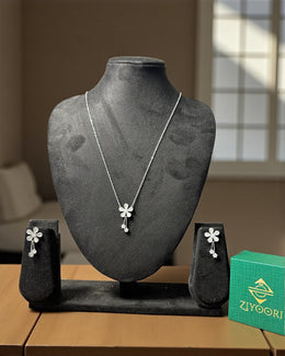 Silver Flower Pendant and Earring Set for Women