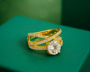 Luxury gold Triple Band Ring with Emeralds 
 and Diamond solitaire